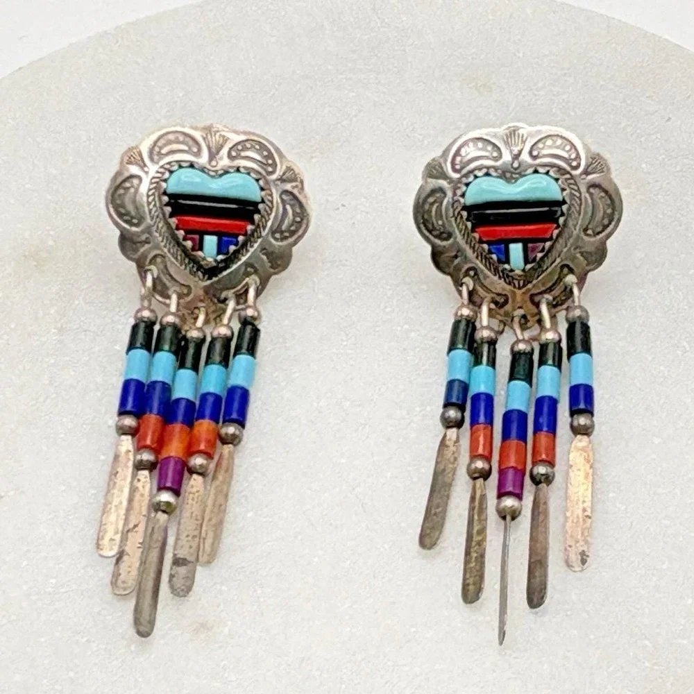 Vintage Pierced Earrings Sterling Silver Heart Concho Turquoise Southwest